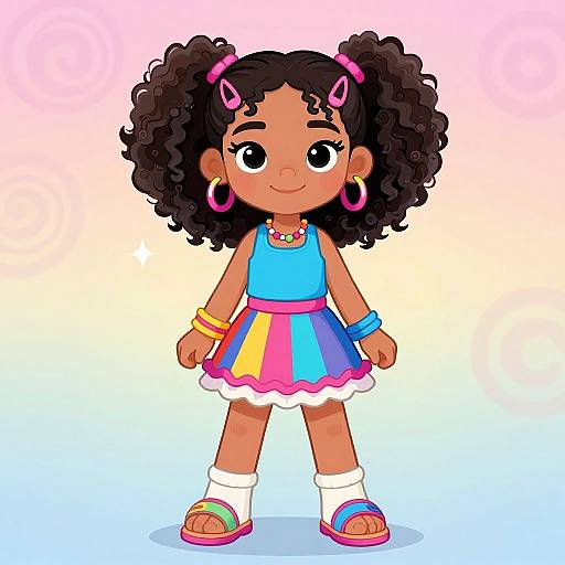 Digital cartoon of a cute, dark-skinned girl with curly black hair, wearing a colorful dress, pink hair clips, hoop earrings, bracelets, and