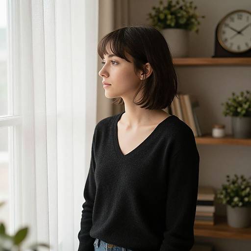 Photograph of a young woman with short dark brown hair, wearing a black V-neck sweater, standing by a sunlit window, with potted plants