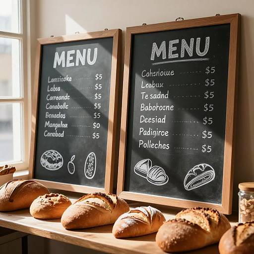 Photograph of two wooden-framed black menus on a sunlit windowsill, displaying bread prices and illustrations, with fresh loaves on the counter below
