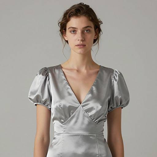 Elegant Woman in Silver Satin Dress