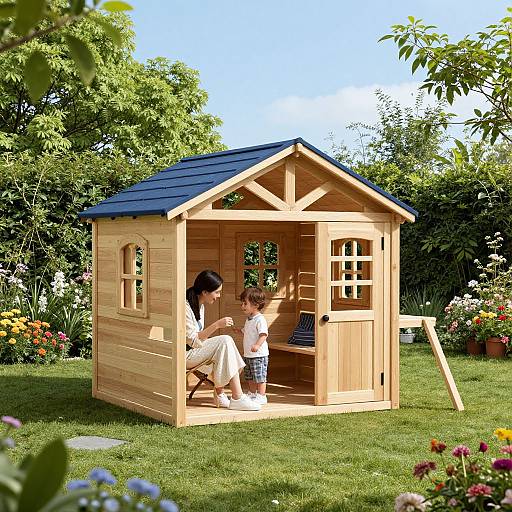 Wooden Play Hut in Lush Garden
