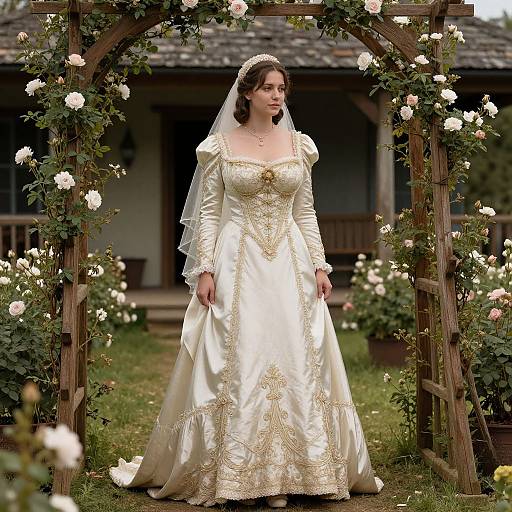 Photograph of a brunette bride in an ivory, long-sleeved, lace-trimmed gown with gold embroidery, standing under a floral archway