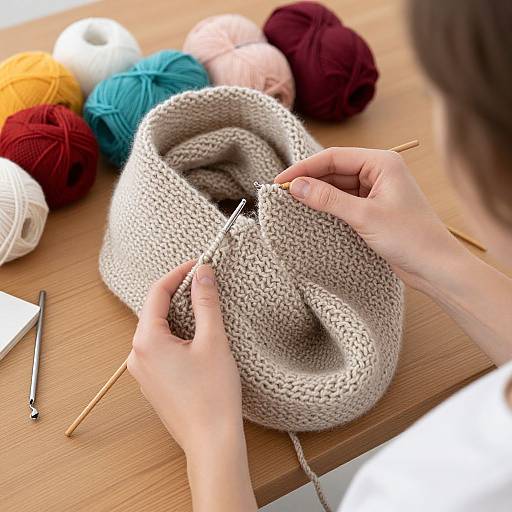 Woman Knitting Beige Scarf with Yarn