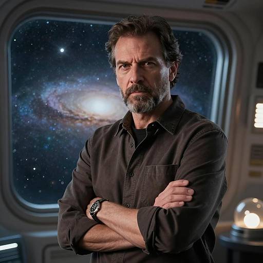 Serious man in spaceship with galaxy view