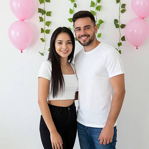 Photograph of a smiling couple; woman with long black hair, white crop top, black pants; man with short black hair, white t-shirt,