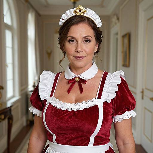 Photograph of a middle-aged woman in a red velvet French maid outfit with white lace trim, wearing a white headpiece with a gold accent, standing