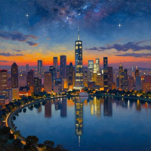 Photograph-style digital art of a vibrant city skyline at dusk, featuring a tall skyscraper, colorful sunset, starry sky, and reflective water.