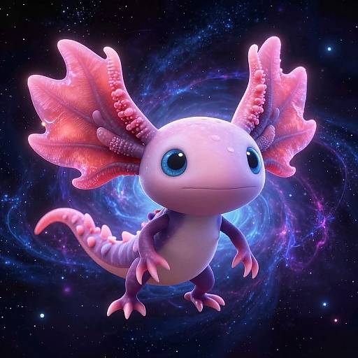Digital CGI of a cute, pink and purple alien creature with large blue eyes, fin-like ears, and a spiral galaxy background.