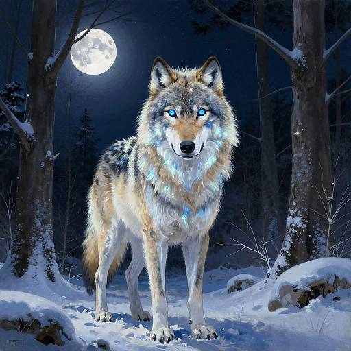 Celestial Wolf in Moonlit Snowy Forest