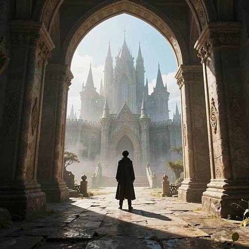 Lone Figure in Fantasy Castle Archway