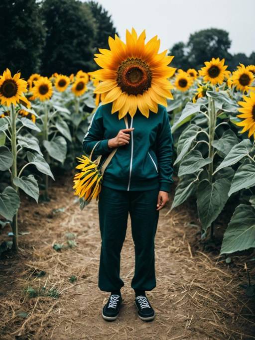 Person Wearing Sunflower Headpiece in Field