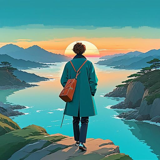 Young Man at Sunset on Cliff Young Man at Sunset on Cliff