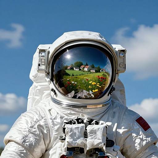 Surreal Astronaut in Pastoral Reflection
