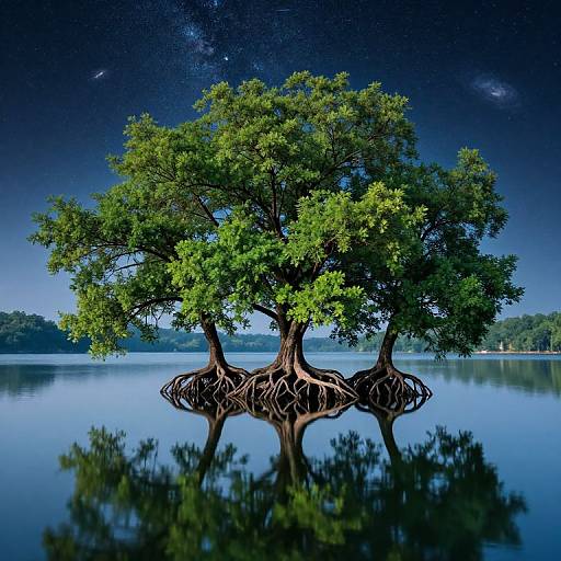 Photograph of a solitary tree with exposed root system reflected in calm, blue lake under a starry night sky.