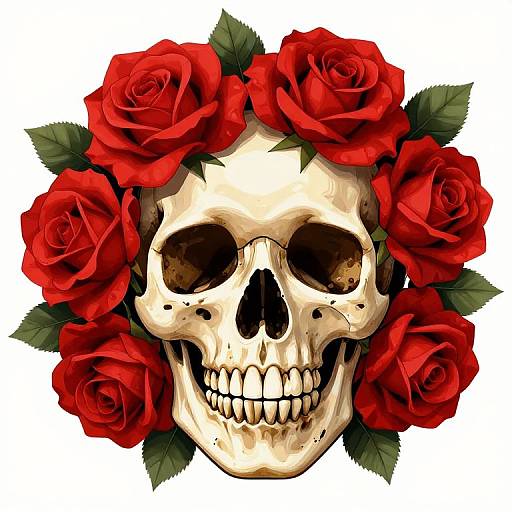 Digital illustration of a white skull with dark eye sockets, grinning, surrounded by vibrant red roses with green leaves.