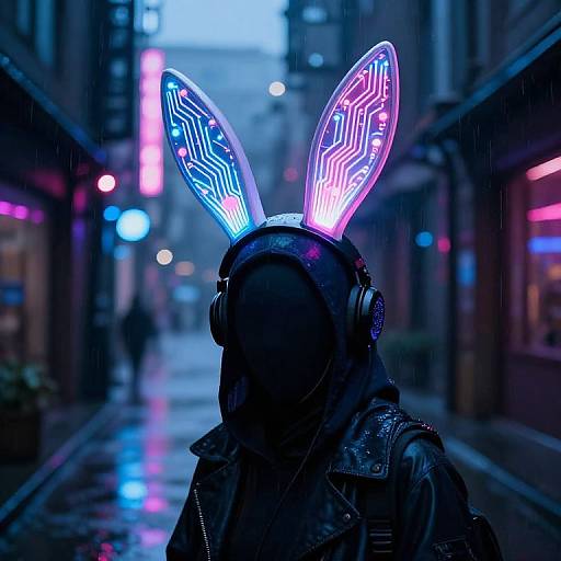 Neon-lit photograph of a faceless person in a black leather jacket and bunny ear headset with glowing circuit patterns, standing in a rainy urban alley