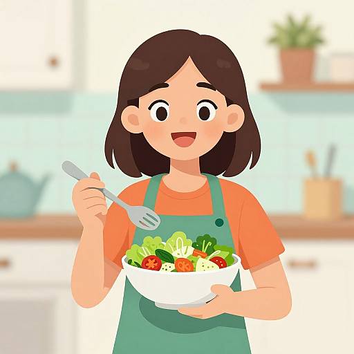 Cartoon Woman Enjoying Fresh Salad