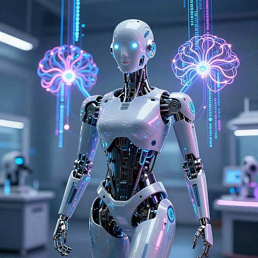 Photorealistic CGI of a sleek, white female humanoid robot with glowing blue eyes and neon blue-purple brain-shaped lights in a futuristic lab.