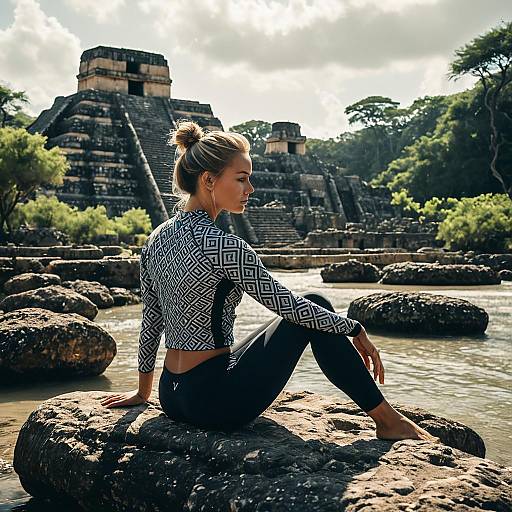 Woman Sitting by Mayan Ruins