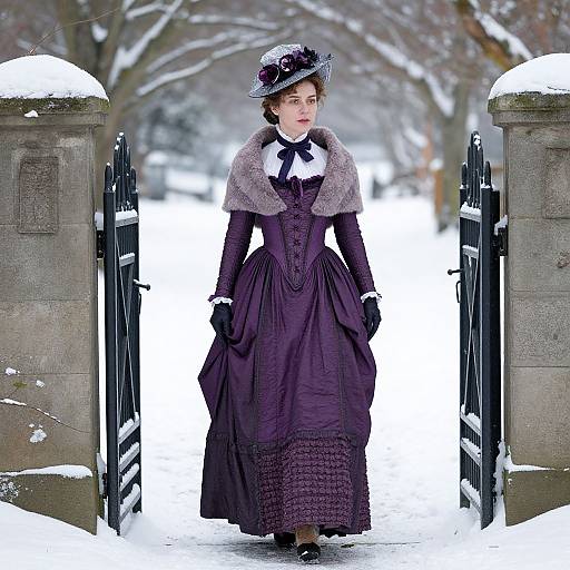 Photograph of a Victorian-era woman in a purple dress and black hat, with a fur collar, standing in a snowy path between stone pillars.
