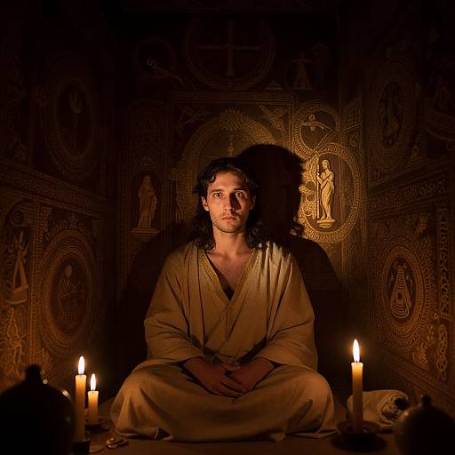 Photograph of a young man with long dark hair, wearing a beige robe, sitting cross-legged in a dimly lit, intricately patterned room