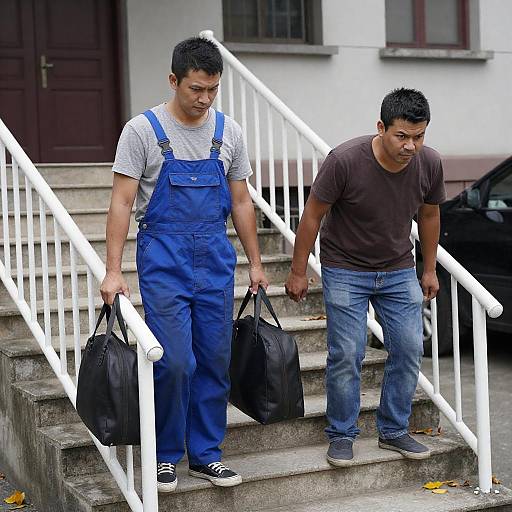 Men on Concrete Stairs with Bags