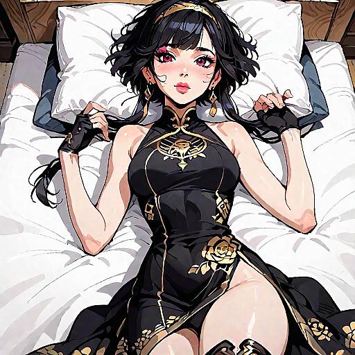 Shy Black-Haired Anime Girl on Bed