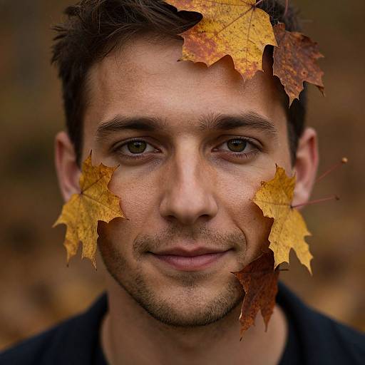Photograph of a young man with short brown hair and blue eyes, smiling, with autumn leaves superimposed on his face. Background is blurred with