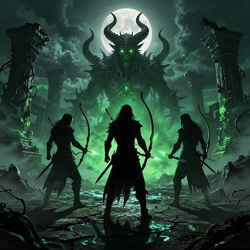 Digital fantasy artwork: Silhouetted warriors with bows and swords face a towering, horned demon with glowing green eyes and a full moon behind,