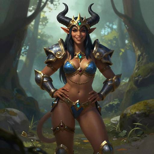 Digital art of a dark-skinned, horned demon queen in blue metallic armor, forest background, sunlight filtering through trees, confident stance.