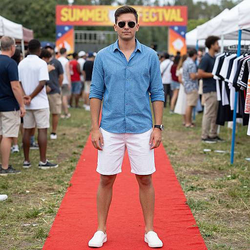 Photograph of a young man in a blue button-up shirt, white shorts, white sneakers, and sunglasses, standing on a red carpet at a lively