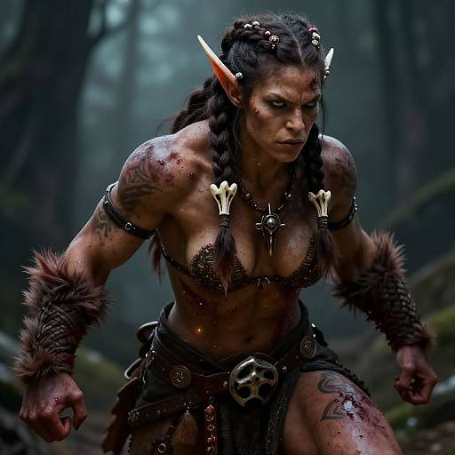 Photorealistic CGI of a muscular, tattooed, dark-skinned elven warrior woman with braided hair, pointed ears, and tribal armor in