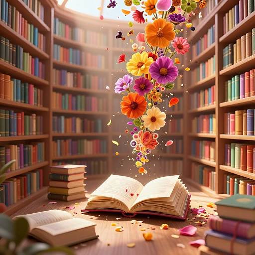 Digital artwork: Open book on wooden floor, surrounded by colorful bookshelves. Vibrant flowers and petals float from book, bathed in warm sunlight