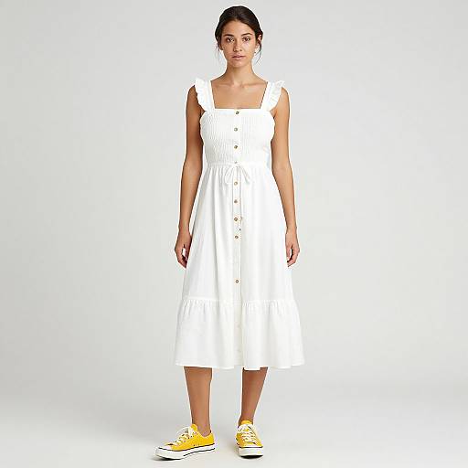 Photograph of a young woman with dark hair in a white, sleeveless, button-up dress and yellow sneakers, standing against a plain white background.