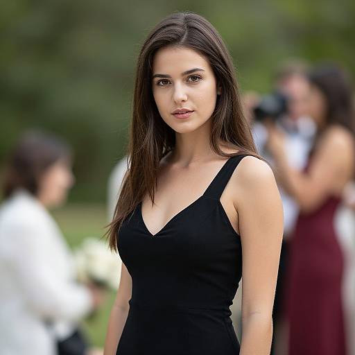 Photograph of a young woman with long dark hair, wearing a black sleeveless dress, standing outdoors with blurred photographers and greenery in the background.