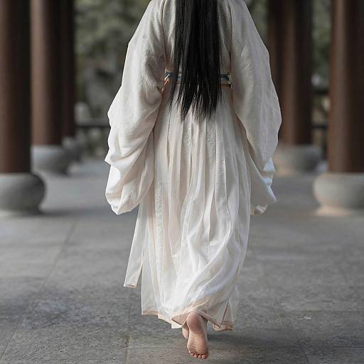 Photograph of a person with long black hair, wearing a white, flowing kimono, barefoot, walking away on a stone-paved path between