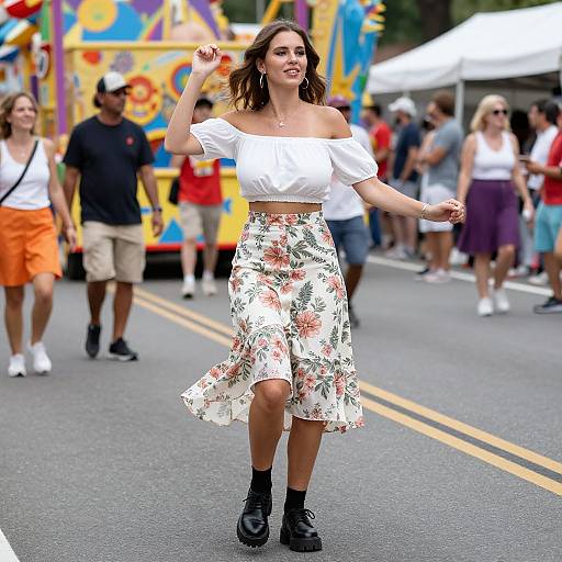 Photograph of a smiling woman with wavy brown hair, wearing an off-shoulder white top, floral skirt, and black boots, dancing on