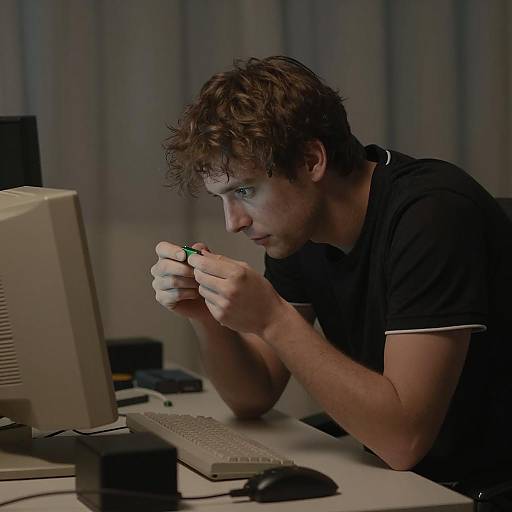 Man Examining Small Green Object at Vintage Computer Desk