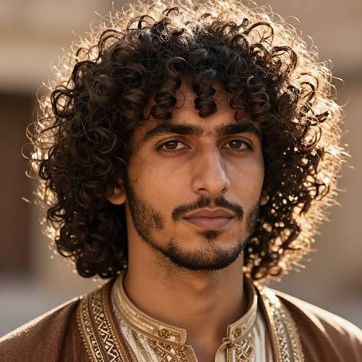 Photograph of a Middle Eastern man with curly black hair, dark brown eyes, and a trimmed beard, wearing an ornately embroidered brown robe, illuminated