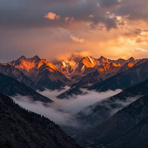 Photograph of a mountain range at sunset, with peaks illuminated in vibrant orange and red, surrounded by dark valleys and misty clouds.