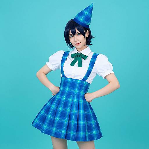 Digital CGI of a androgynous person with short black hair, blue plaid hat, white shirt, green bowtie, and blue plaid