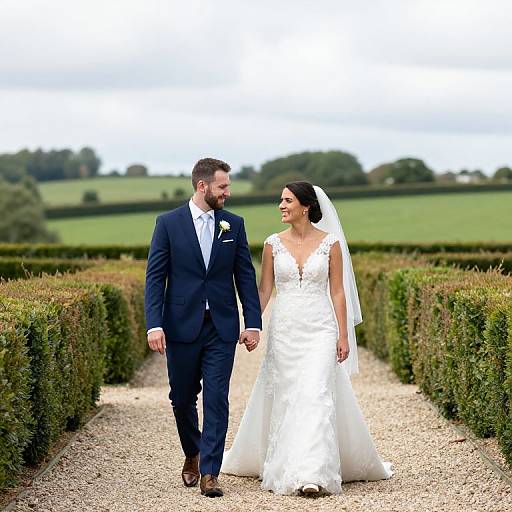 Photograph of a bearded groom in navy suit and white tie, holding hands with a bride in white lace dress and veil, walking down a gravel
