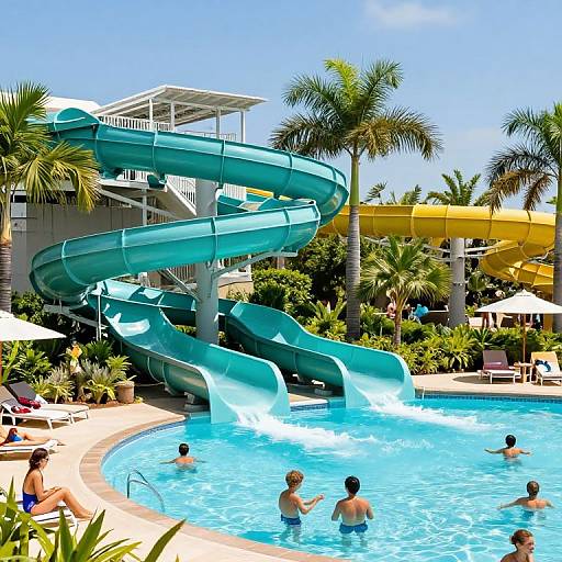 Photograph of a vibrant resort pool with turquoise water slides, palm trees, and sunbathers, set against a clear blue sky.