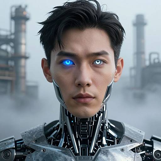 CGI image of a young Asian man with cybernetic enhancements; one glowing blue eye, metallic neck collar, industrial foggy background.