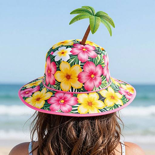 Photograph of a woman at the beach wearing a colorful, flower-decorated hat with a small palm tree, showcasing vibrant pink, yellow, and