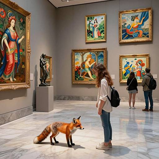 Photograph of an art gallery with a realistic fox on marble floor, woman in white shirt observing, colorful paintings on gray walls, and two other visitors