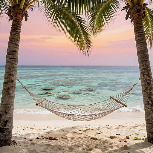 Photograph of a white hammock strung between two palm trees, overlooking a tranquil turquoise ocean at sunset. Sandy beach with scattered rocks in the foreground