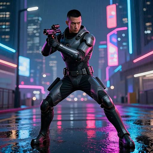 Futuristic Soldier in Cyberpunk City