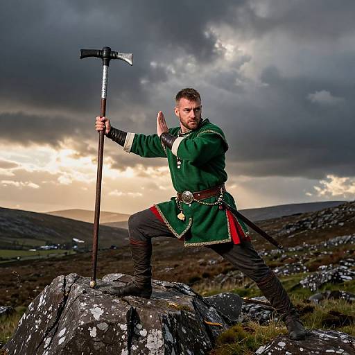 Photograph of a bearded man in medieval green attire, holding a battle axe, standing on a rocky hill under dramatic cloudy sky.