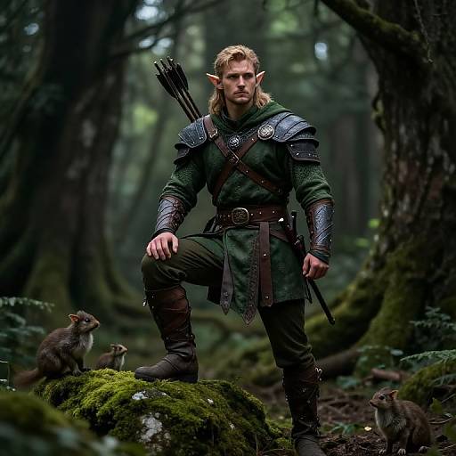 Photorealistic digital artwork of a blonde, elven warrior with pointed ears, wearing dark armor and green tunic, standing in a mossy forest